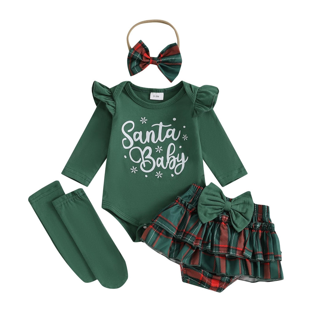 Santa Baby | Conjunto Navideño Verde Oscuro Bebé Niña Falda Cuadros + Medias + Diadema