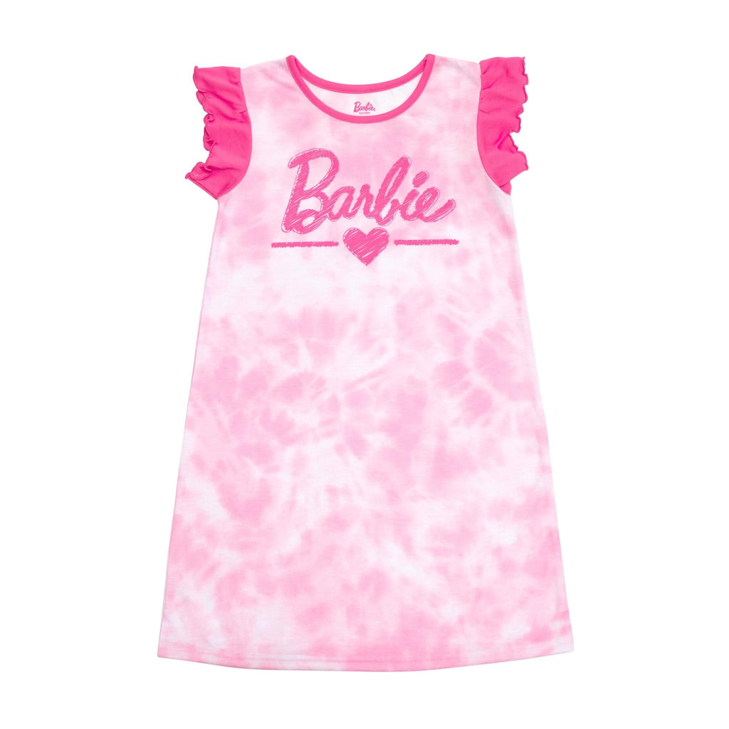 Camisón Pijama Barbie Oficial Tie-Dye | Volantes Hombros + Sublimación Ignífuga + Corte Holgado | Niña Rosa (7T - 12T)