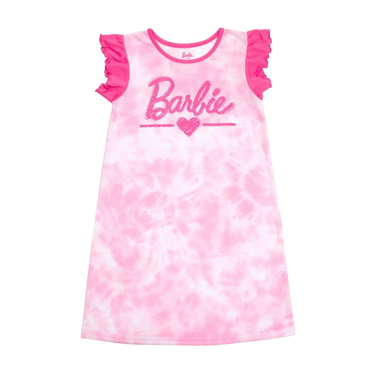 Camisón Pijama Barbie Oficial Tie-Dye | Volantes Hombros + Sublimación Ignífuga + Corte Holgado | Niña Rosa (7T - 12T)