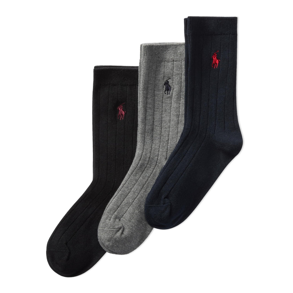 Polo Ralph Lauren | Calcetines Niño Pack 3 Algodón Canalé Negro Gris Marino Pony Rojo