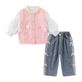 Conjunto 3 Piezas para Niña: Chaleco de Punto Rosa Flores 3D + Blusa Manga Farol + Jeans con Lazos Laterales