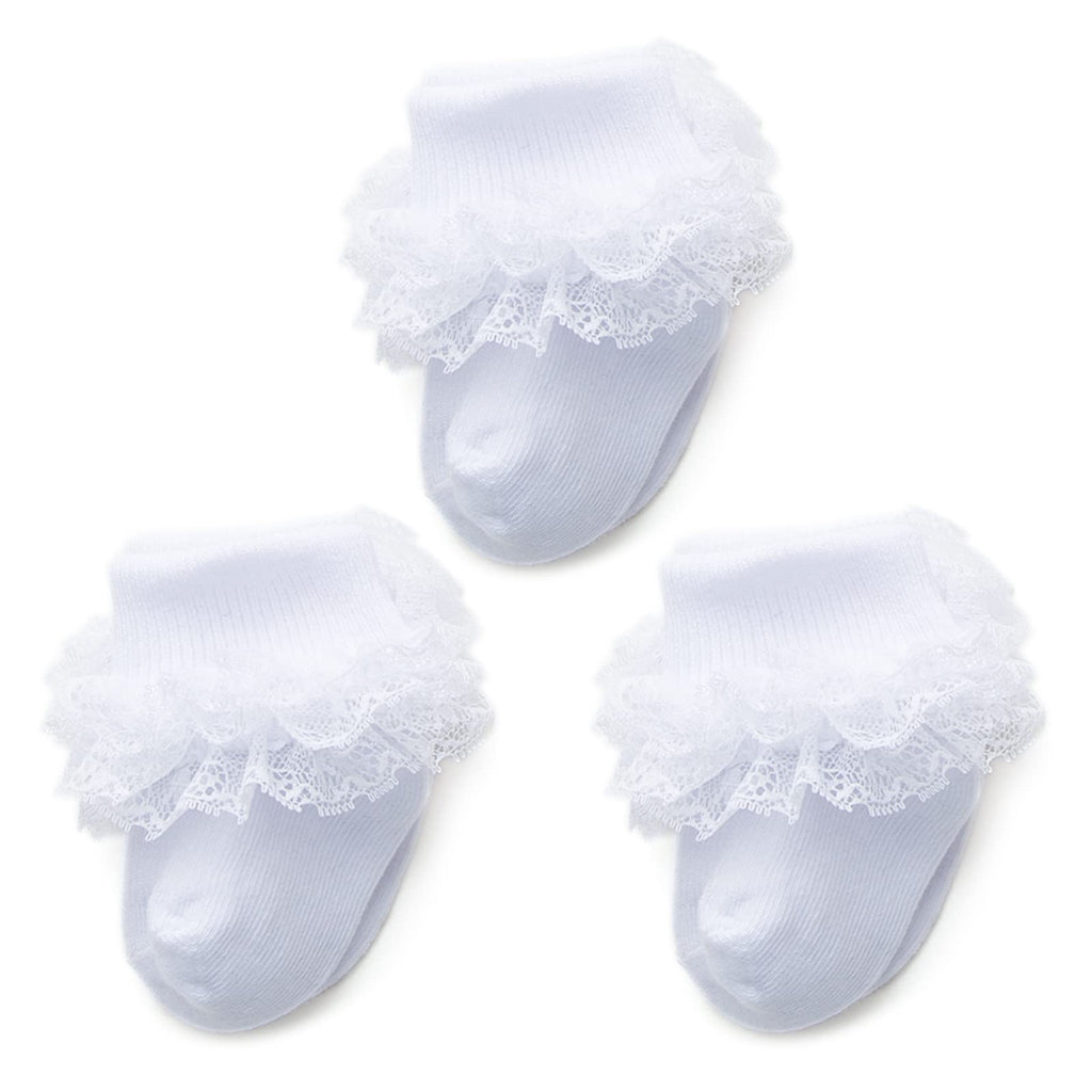 Calcetines Bebé Niña Pack 3 Triple Encaje Volantes Puño Vuelto Blanco Bautizo Ocasión