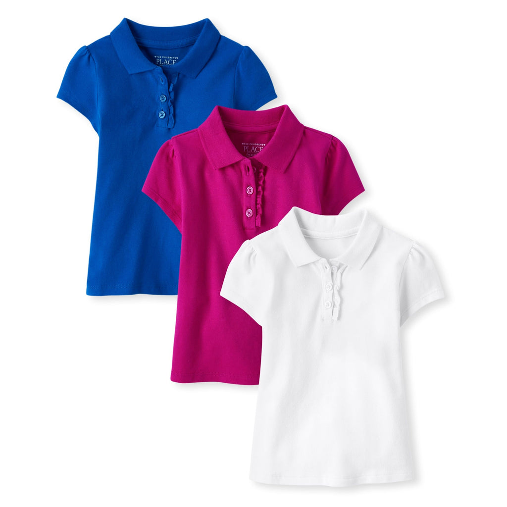 The Children's Place Pack x3 Polos Piqué Niña | Azul Royal + Rosa Aurora + Blanco • Manga Corta con Volantes