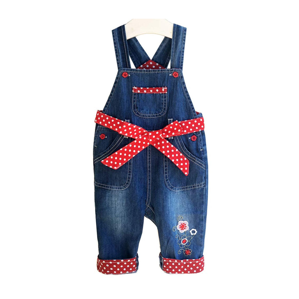 Overol Peto de Mezclilla Peacolate | Lazo + Ribete Rojo Lunares + Flor Bordada | Denim | Niña/Bebé (3M-3A)
