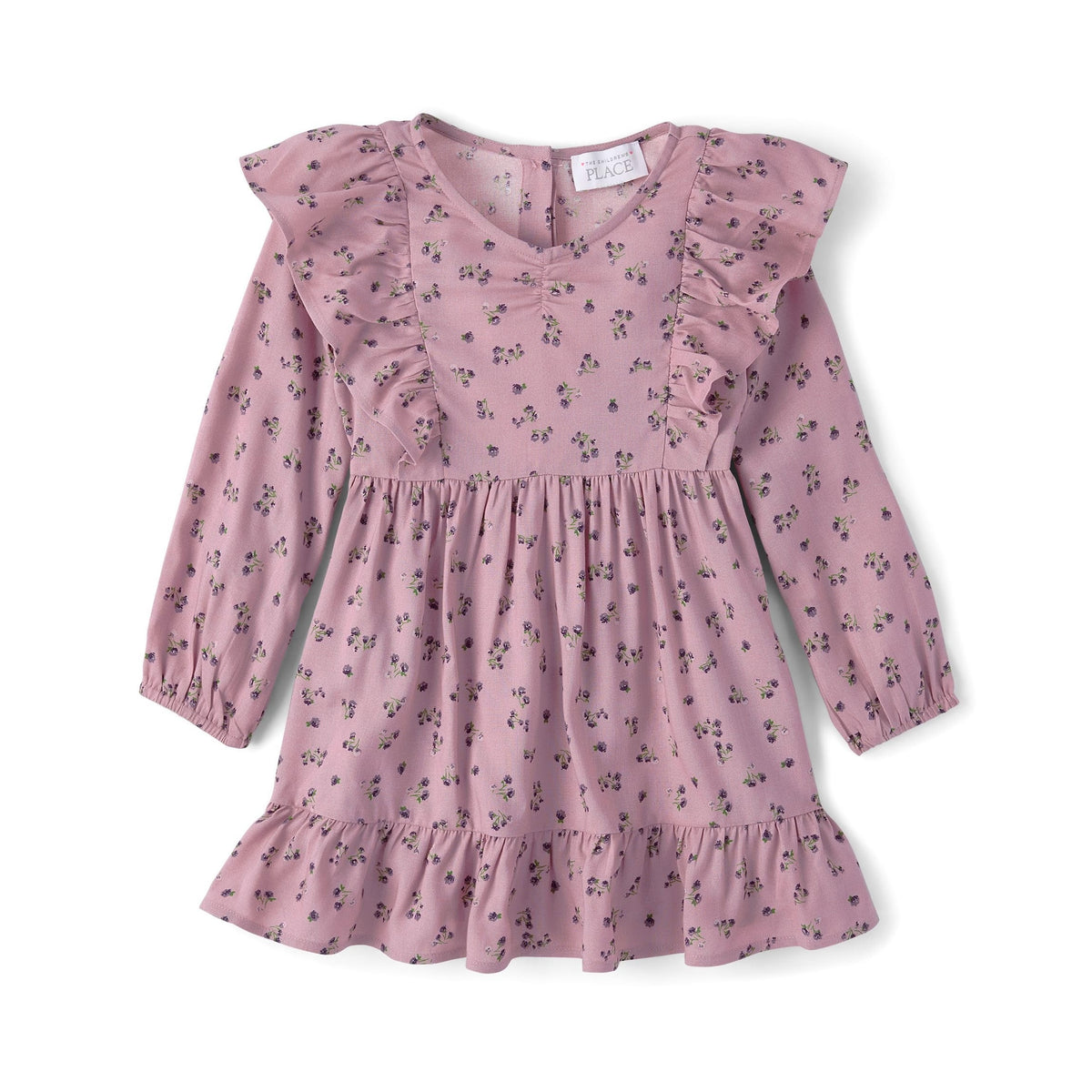 The Children's Place | Vestido Floral Lila Manga Larga Cuello V Volantes Niña