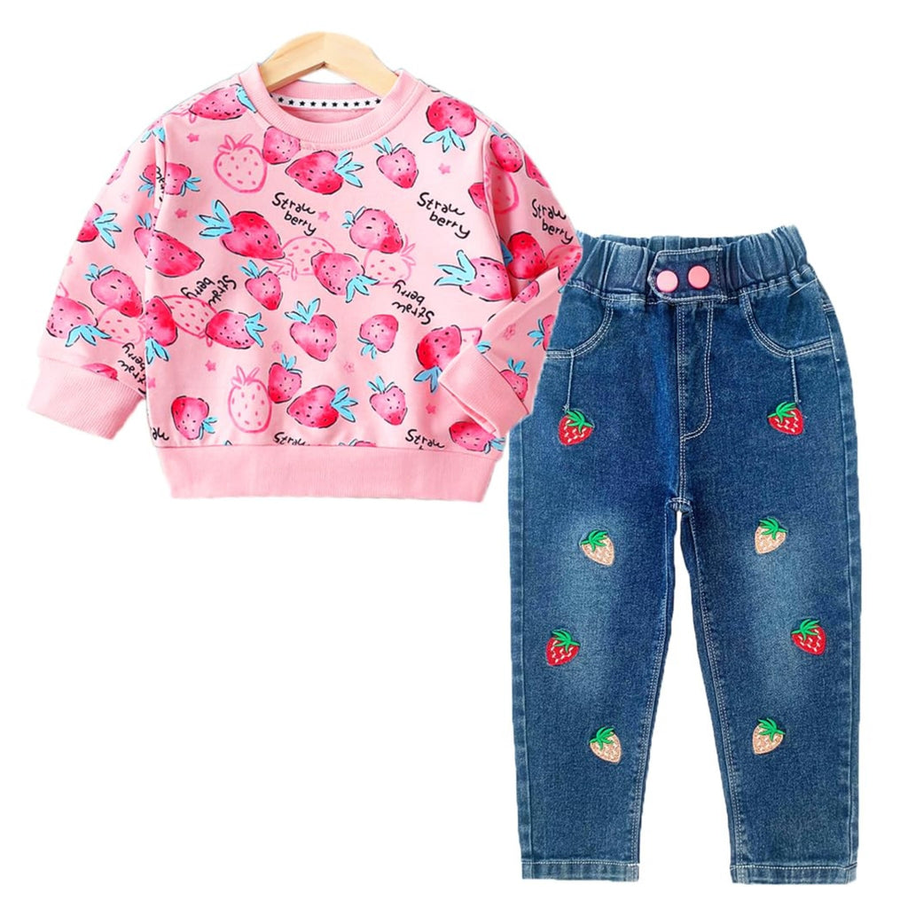 Conjunto 2 Piezas para Niña: Sudadera Rosa Fresas Allover y Jeans con Fresas Bordadas