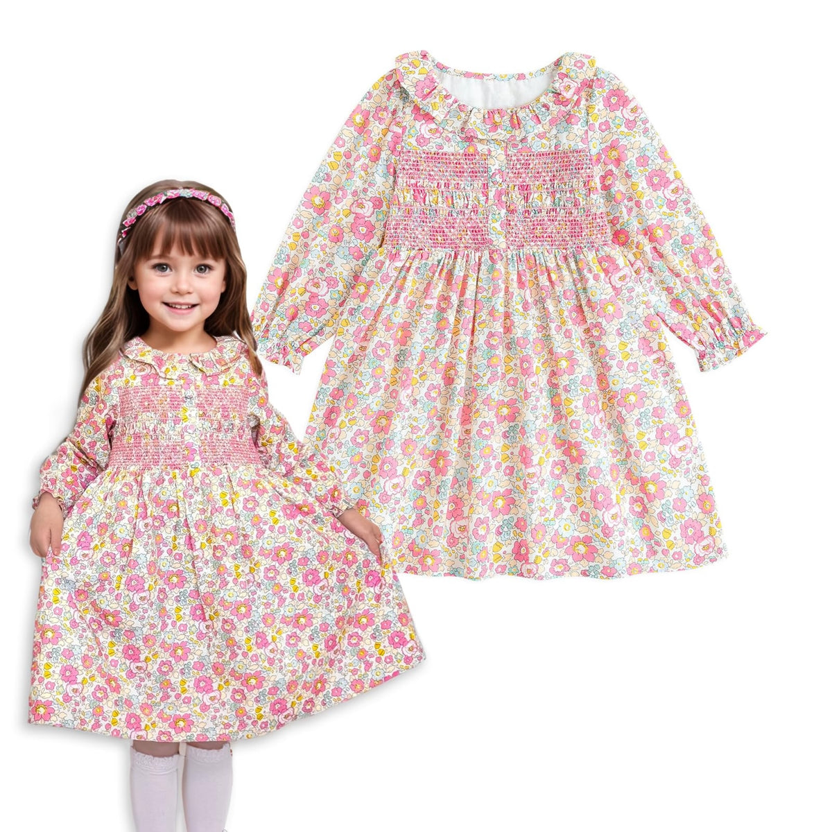 Vestido de Manga Larga 100% Algodón con Cuello con Volantes y Estampado Floral Rosa Brillante para Niña (K-rosado) (12M - 3T)