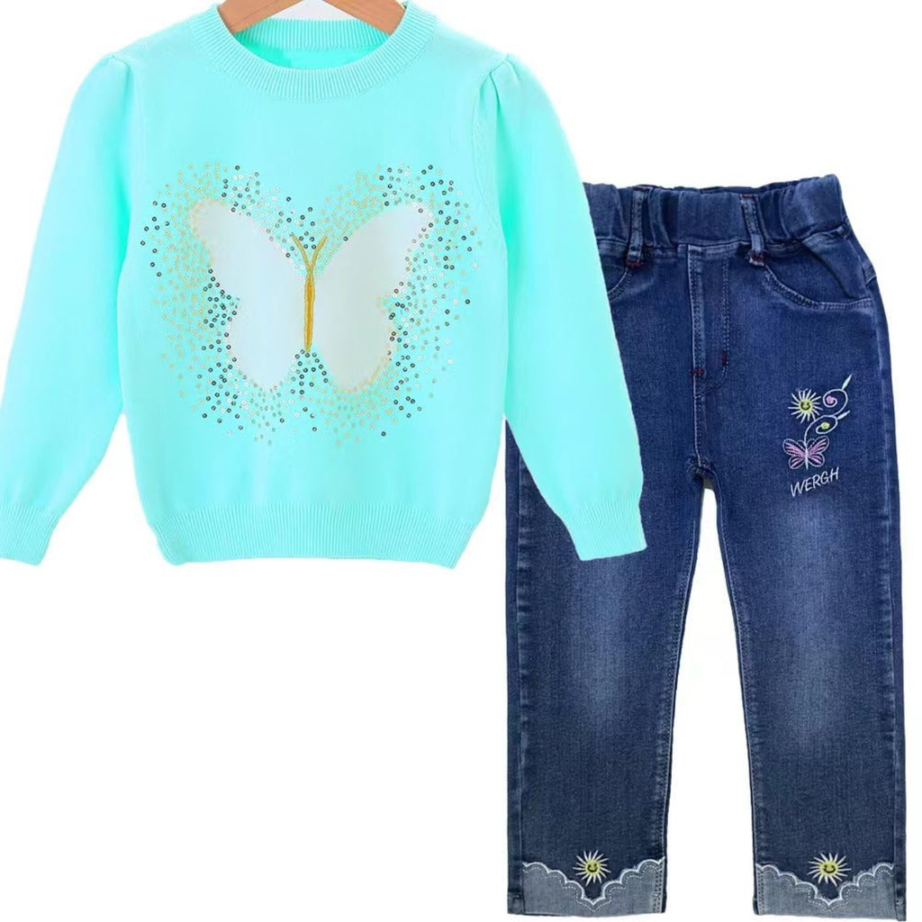 Conjunto 2 Piezas para Niña: Suéter Turquesa con Mariposa y Lentejuelas y Jeans con Ruedo Festoneado