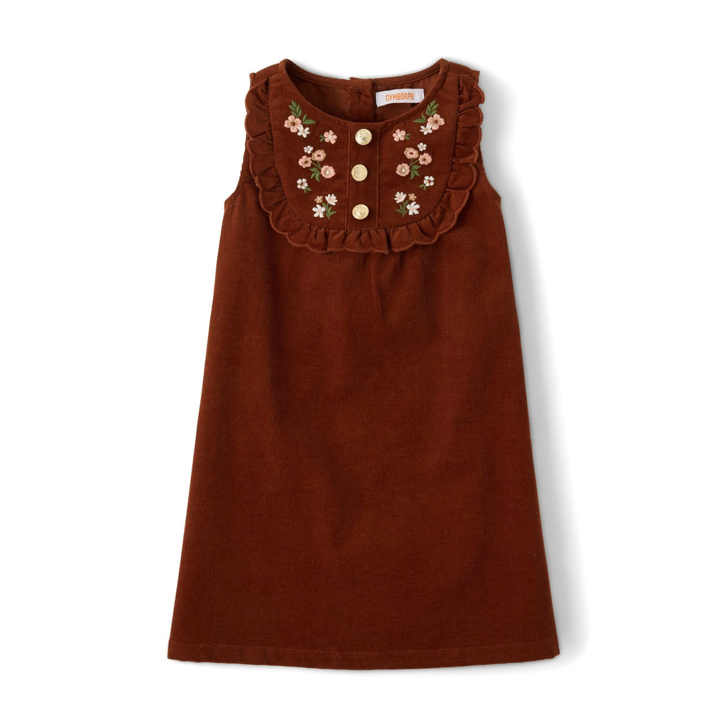 Gymboree Vestido de Pana Marrón con Bordados Florales y Botones Dorados (12M - 24M)