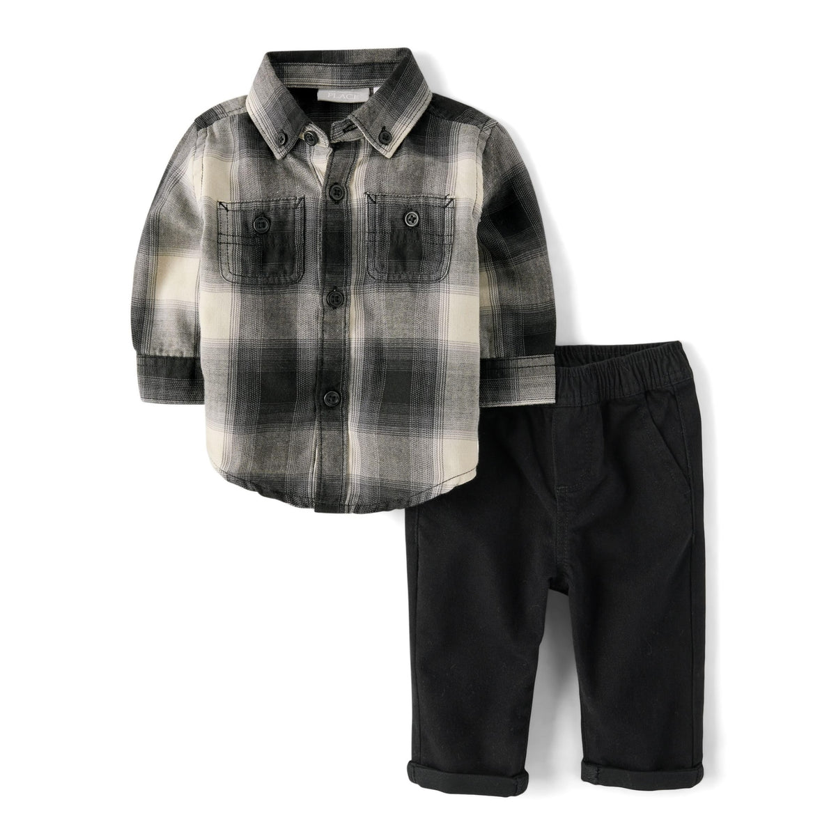 Conjunto 2 Piezas | Camisa Franela Cuadros Negro Crema Doble Bolsillo + Pantalón Chino Negro | Bebé Niño (0M - 6M)
