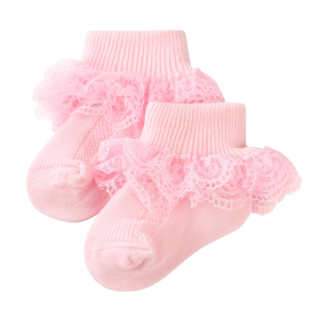 Calcetines Bebé Niña 1 Par Algodón Canalé Encaje Volante Lazo Satín Lateral Rosa Suave Bautizo