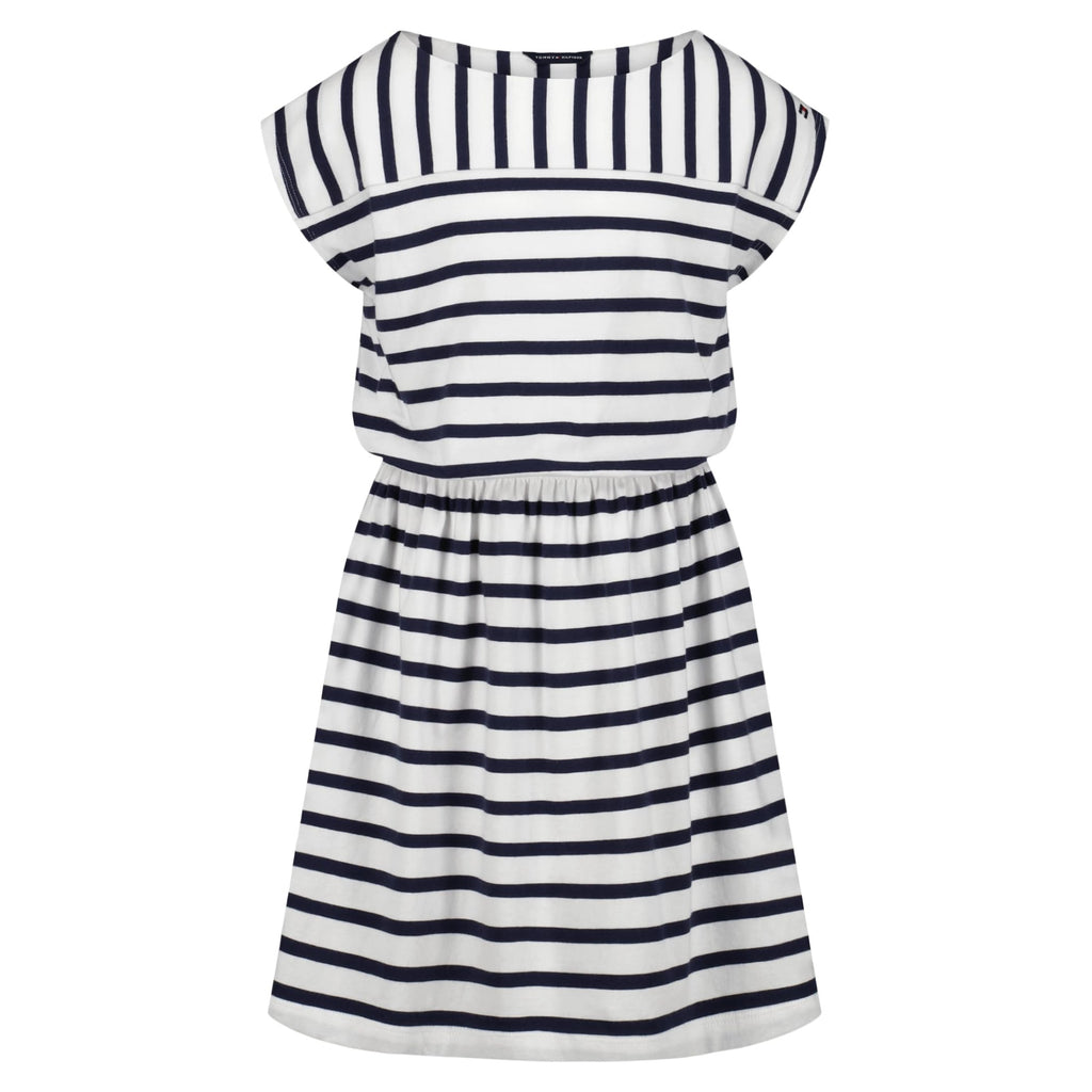 Tommy Hilfiger Vestido Jersey Rayas Niña | Navy/Blanco • Cuello Barco • Manga Casquillo • Bandera TH • Cintura Elástica