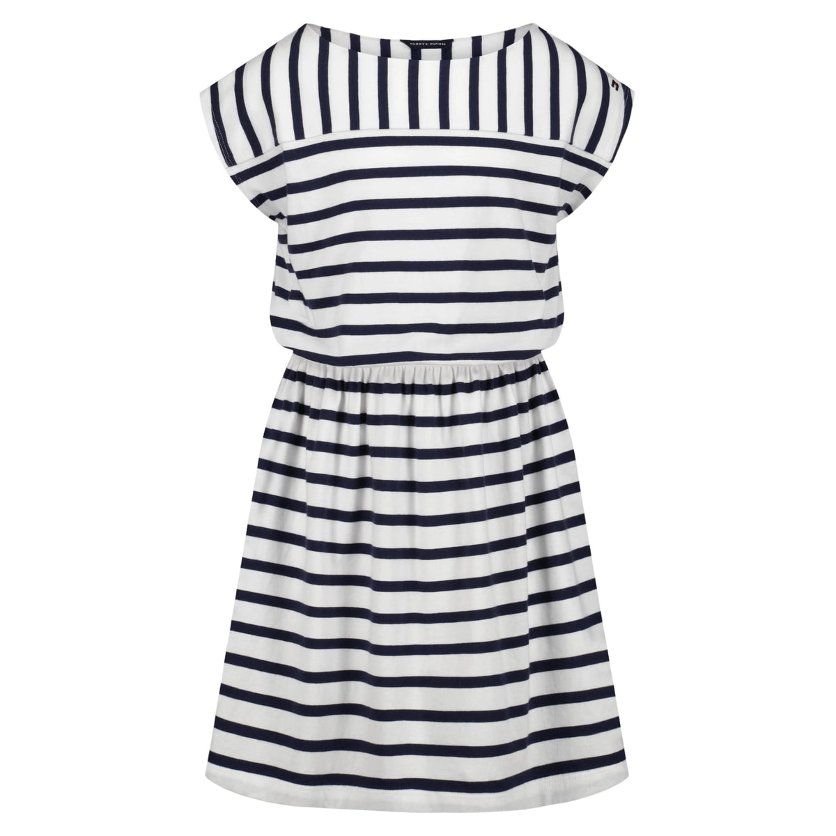 Tommy Hilfiger Vestido Jersey Rayas Niña | Navy/Blanco • Cuello Barco • Manga Casquillo • Bandera TH • Cintura Elástica