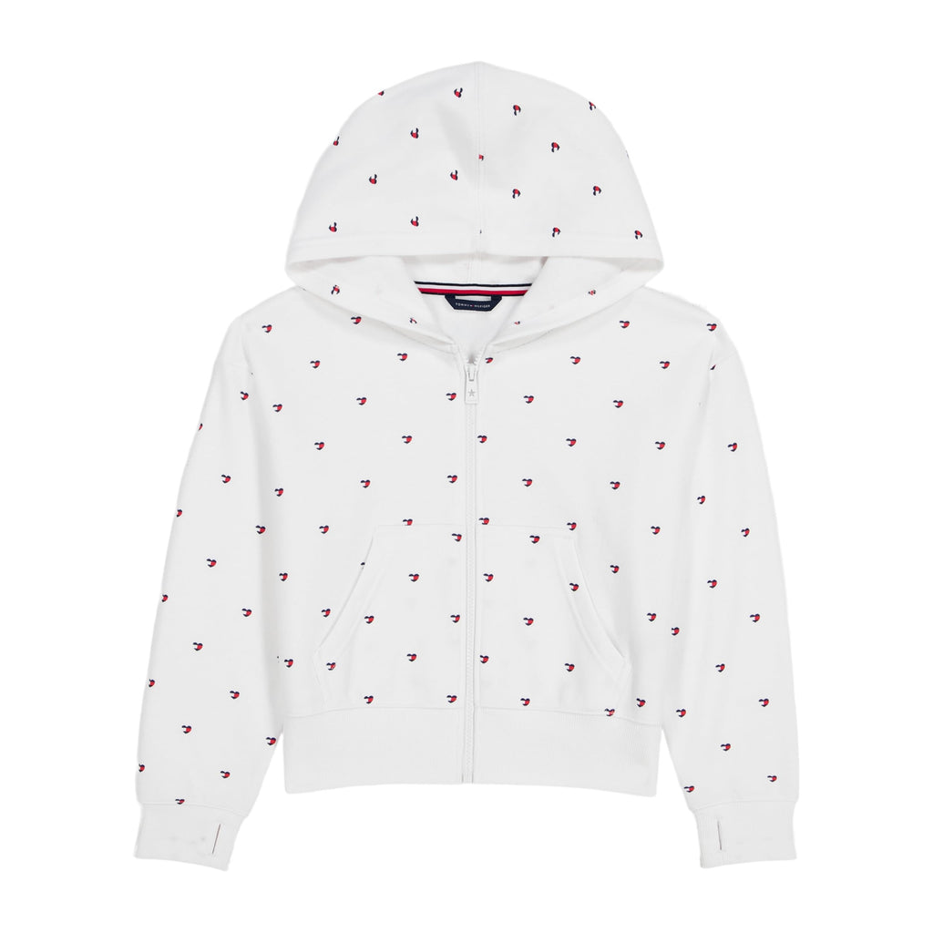 Hoodie Full-Zip Tommy Hilfiger | Fleece Gamuza Blanco Estampado Corazones Bandera TH | Niña (7T Y 12-14T)
