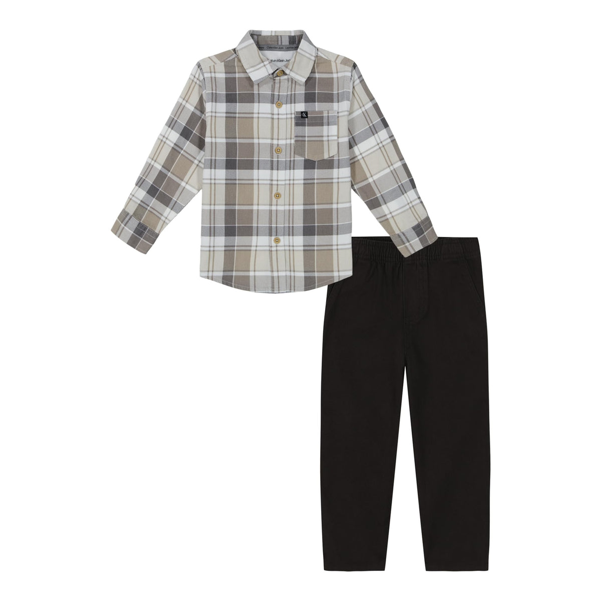 Calvin Klein Conjunto 2 Piezas Niño | Camisa Cuadros Tartan Beige/Gris + Pantalón Negro — 100% Algodón Premium • CK Jeans