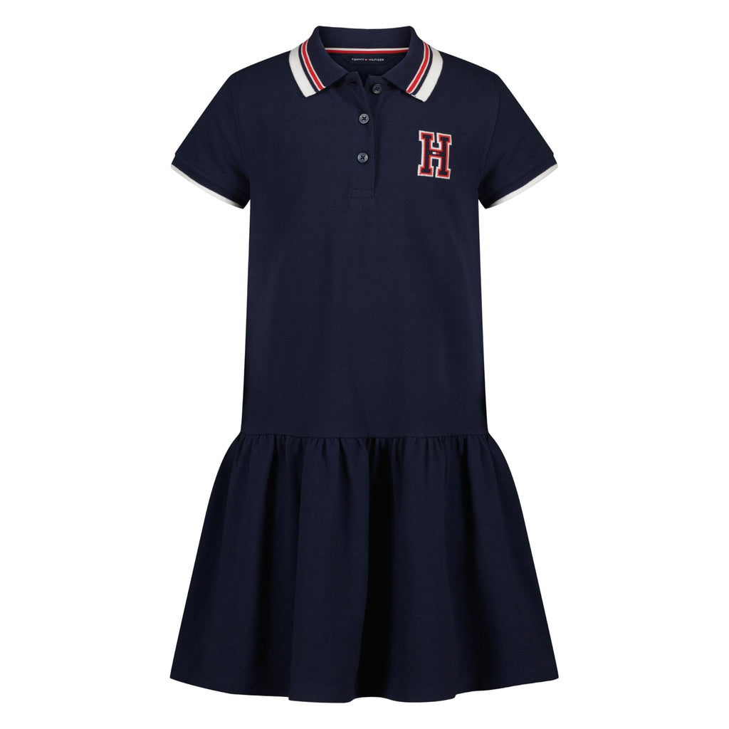Tommy Hilfiger Vestido Polo Piqué Niña | Azul Navy • Parche Bordado H Varsity • Falda Plisada