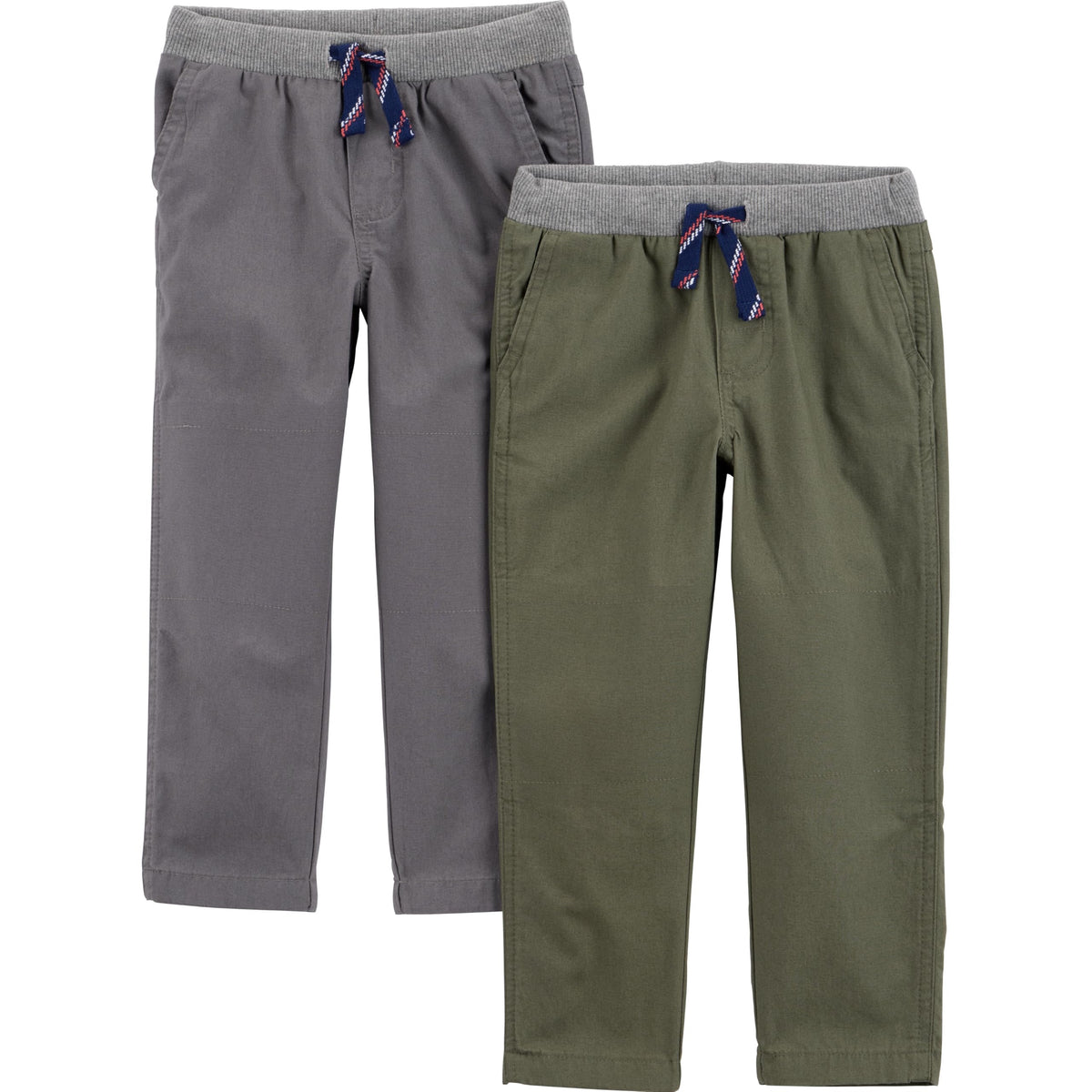 Simple Joys by Carter's Pack 2 Pantalones Pull-On Niño | Corte Cónico Clásico — Gris + Verde Olivo • Cintura Canálé con Cordón Trenzado