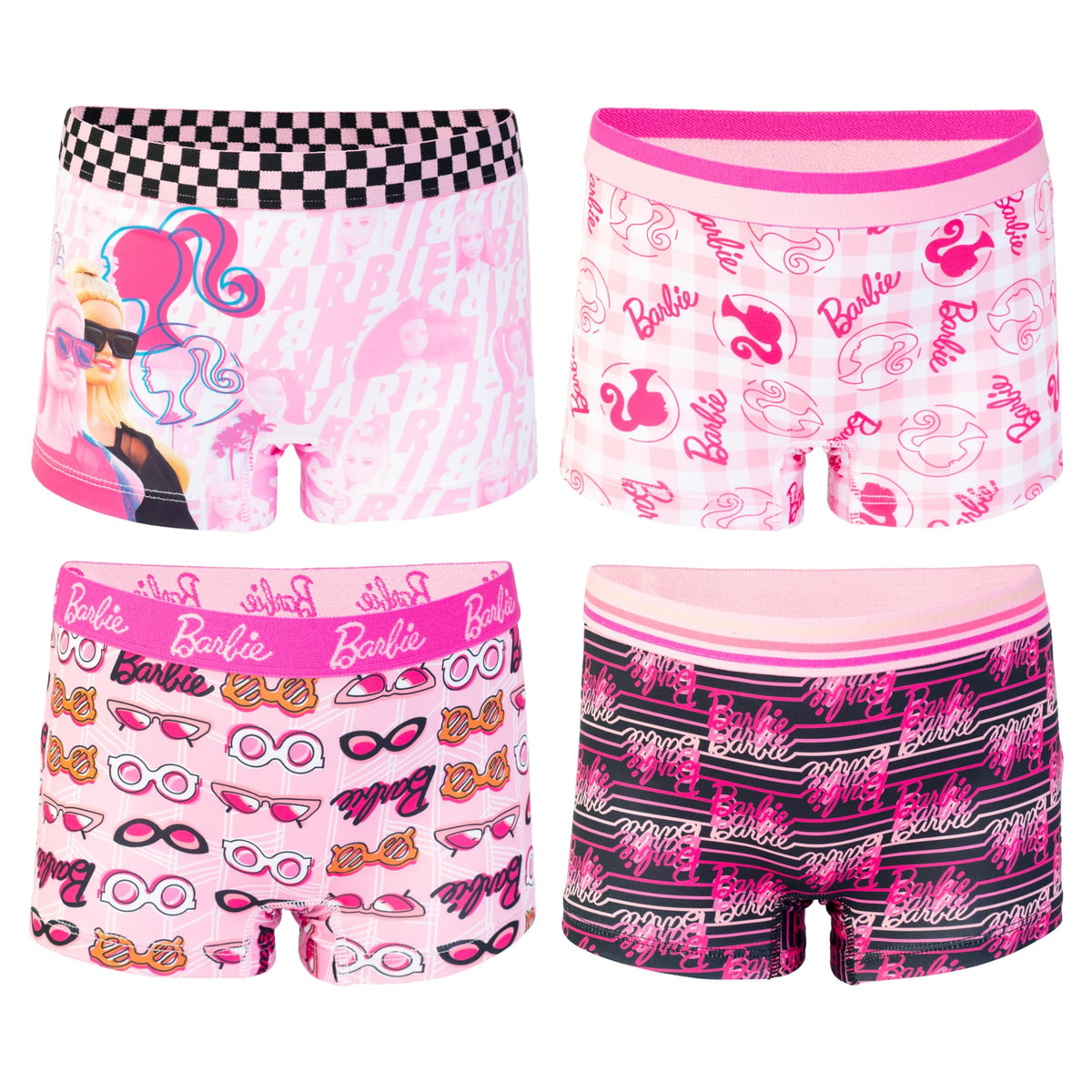 Barbie | Boxer Brief Nina Pack 4 | 92% Poliester 8% Licra | Entrepierna Algodon | Sin Etiqueta | Cintura Cepillada | Estampados Iconicos Rosa Fucsia Negro (4 - 10T)