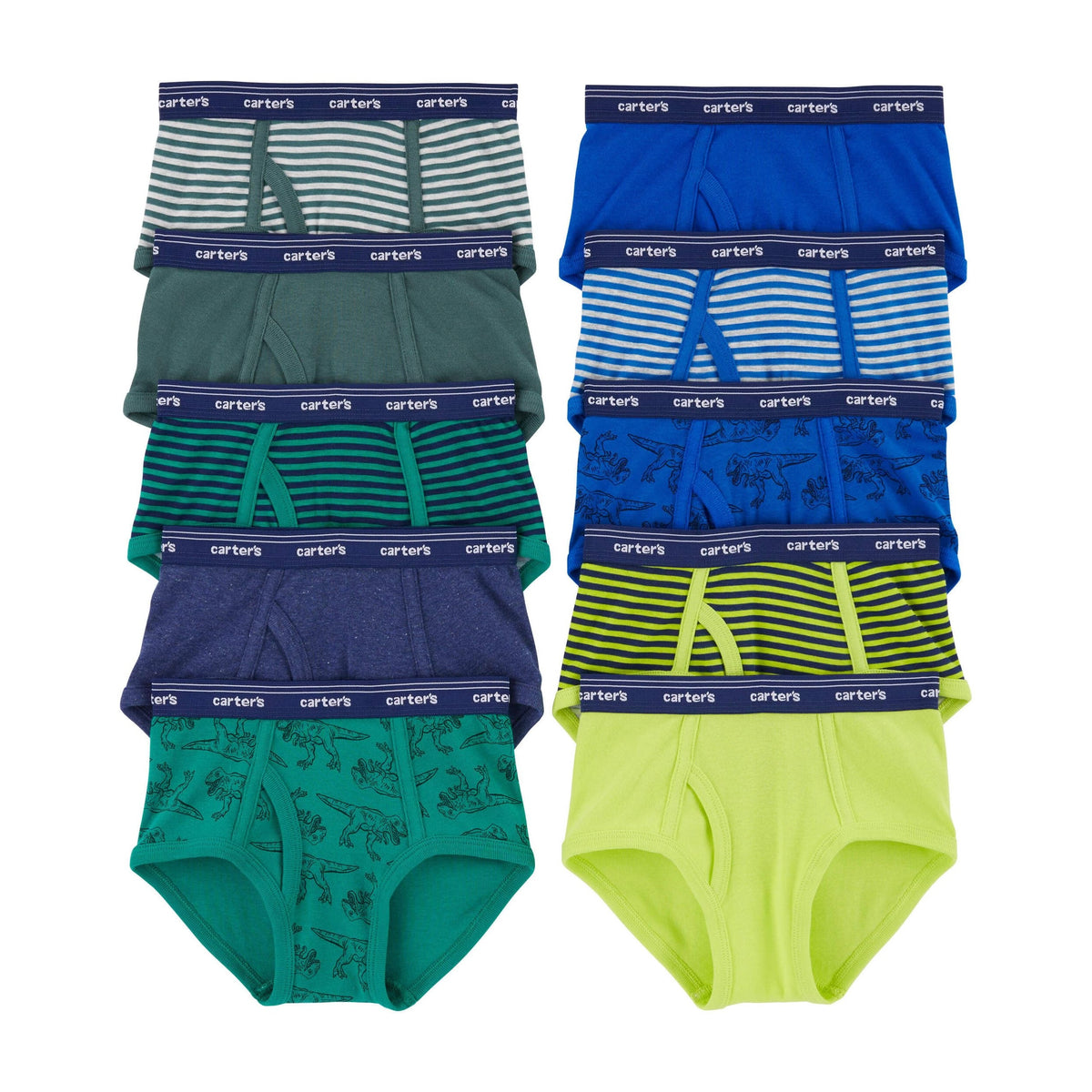 Carter's | Calzoncillos Niño Pack 10 Algodón 100% Verde Azul Dino Rayas (2T - 14T)