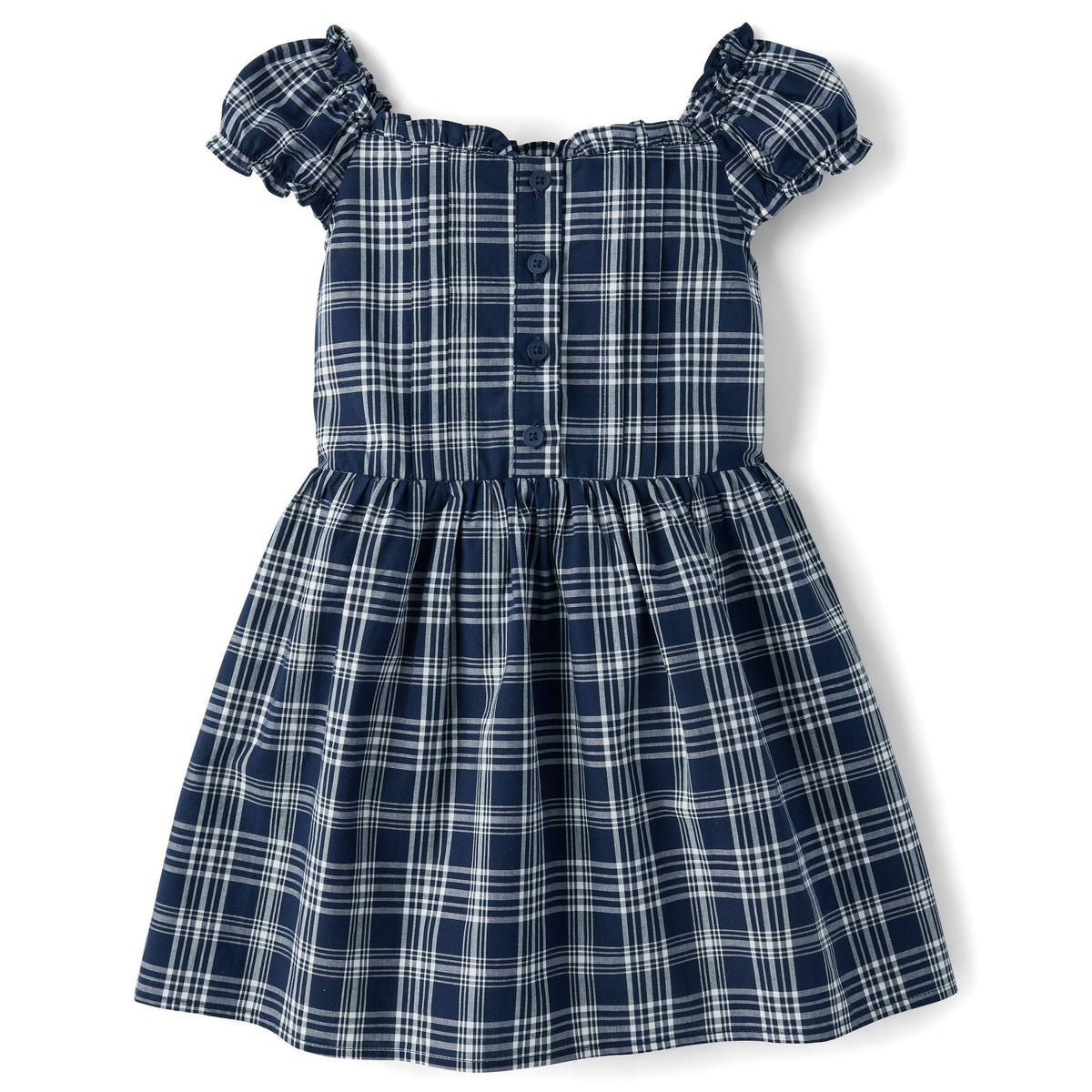 The Children's Place | Vestido Cuadros Azul Marino Manga Farol Botón Frontal Niña