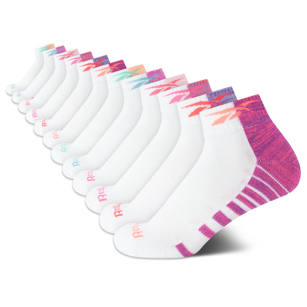 Reebok | Calcetines Niña Pack 12 Pares Quarter Deportivos Blanco Vector Multicolor Rosa Absorbe Humedad Sin Costuras Talón Acolchado (4-12T)