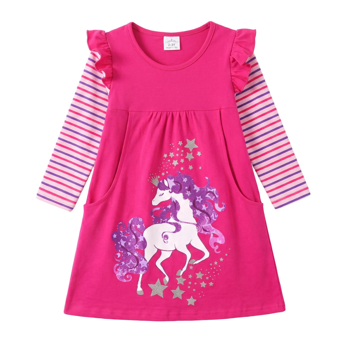 Vestido Niña DXTON | 95% Algodón + Unicornio Galáctico Melena Morada + Estrellas Glitter + Bolsillos | Fucsia/Rosa (3-8 Años)