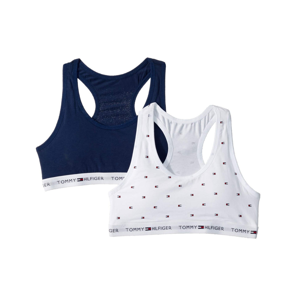 Tommy Hilfiger | Brasier Deportivo Nina Pack 2 | 95% Algodon 5% Elastano | Racerback | Navy Solido + Blanco Estampado Logo | Banda Logo Jacquard  (8-10T)