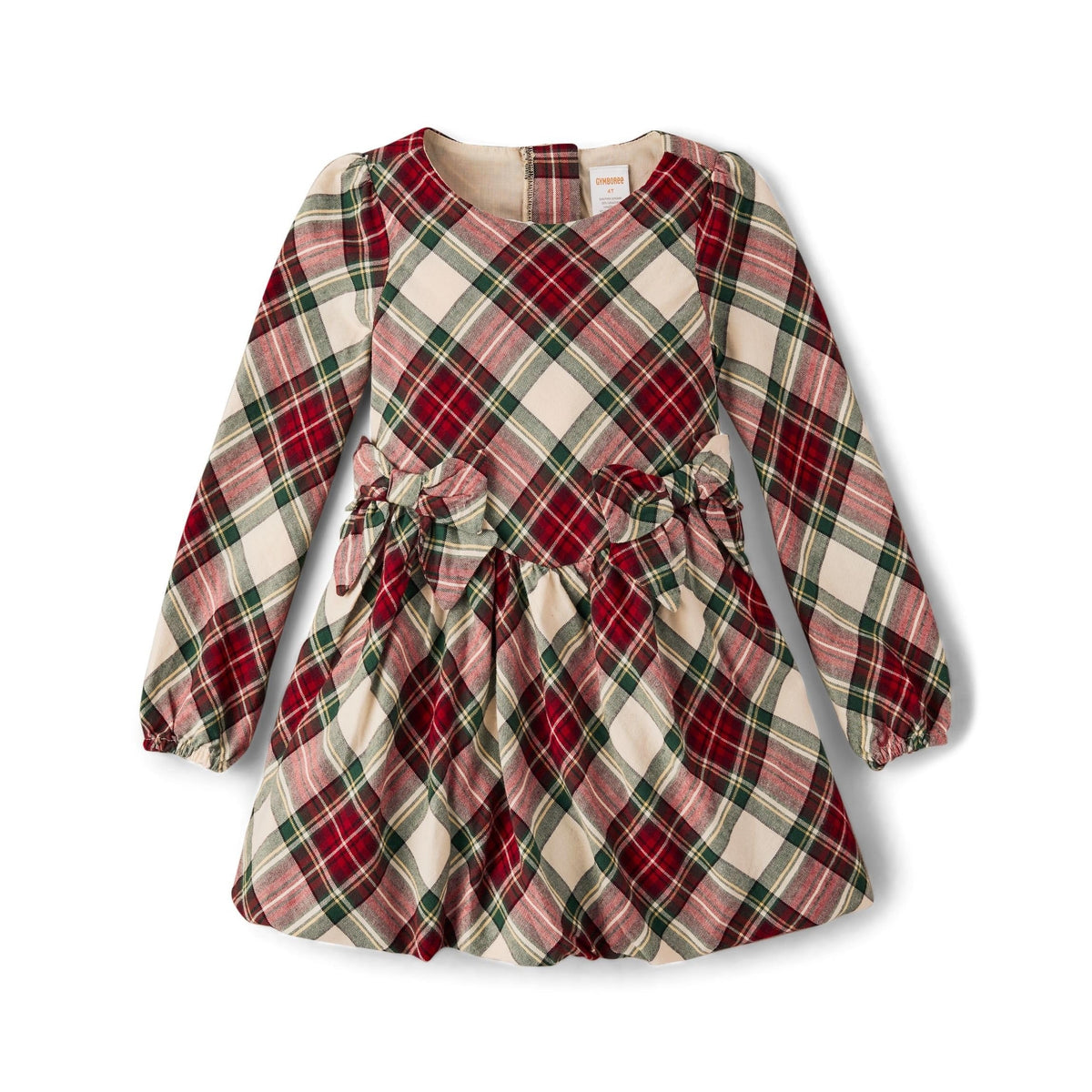 Vestido burbuja Gymboree a cuadros navideños para niñas – vista frontal con lazos en la cintura