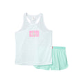 Pijama 2 Piezas Calvin Klein | Tank Racerback Blanco Rayas Tono-Sobre-Tono + Logo CK Recuadro Rosa + Short Sólido Menta | Niña (6T - 16)