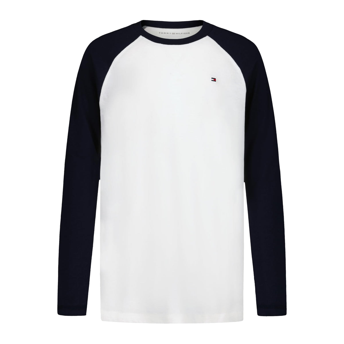 Tommy Hilfiger | Camiseta Niño Manga Larga Raglan Baseball Bicolor Logo Bandera Bordado 100% Algodón Blanco Azul Marino (8-16T)
