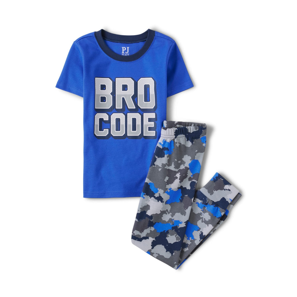 Pijama 2 Piezas The Children's Place | Manga Corta “Bro Code” 3D + Camo Urbano Gris/Azul | Niño Azul Royal  (4T -16T)