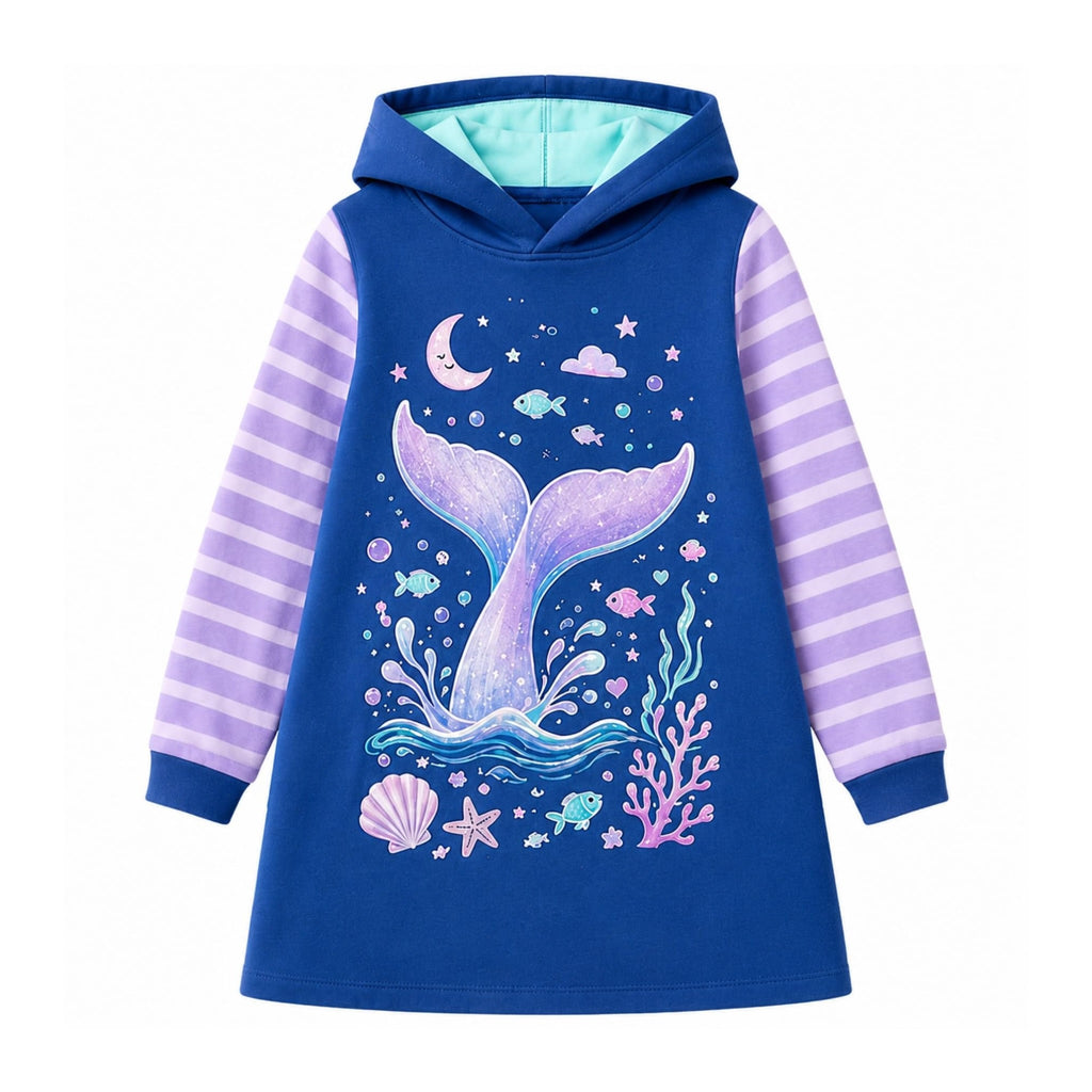 Vestido Hoodie de Sirena para Niñas – Manga Larga Azul con Rayas Lila, Algodón (3 - 12T)