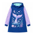Vestido Hoodie de Sirena para Niñas – Manga Larga Azul con Rayas Lila, Algodón (3 - 12T)