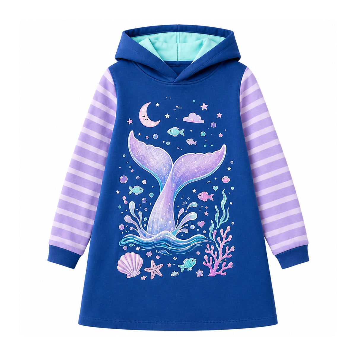 Vestido Hoodie de Sirena para Niñas – Manga Larga Azul con Rayas Lila, Algodón (3 - 12T)