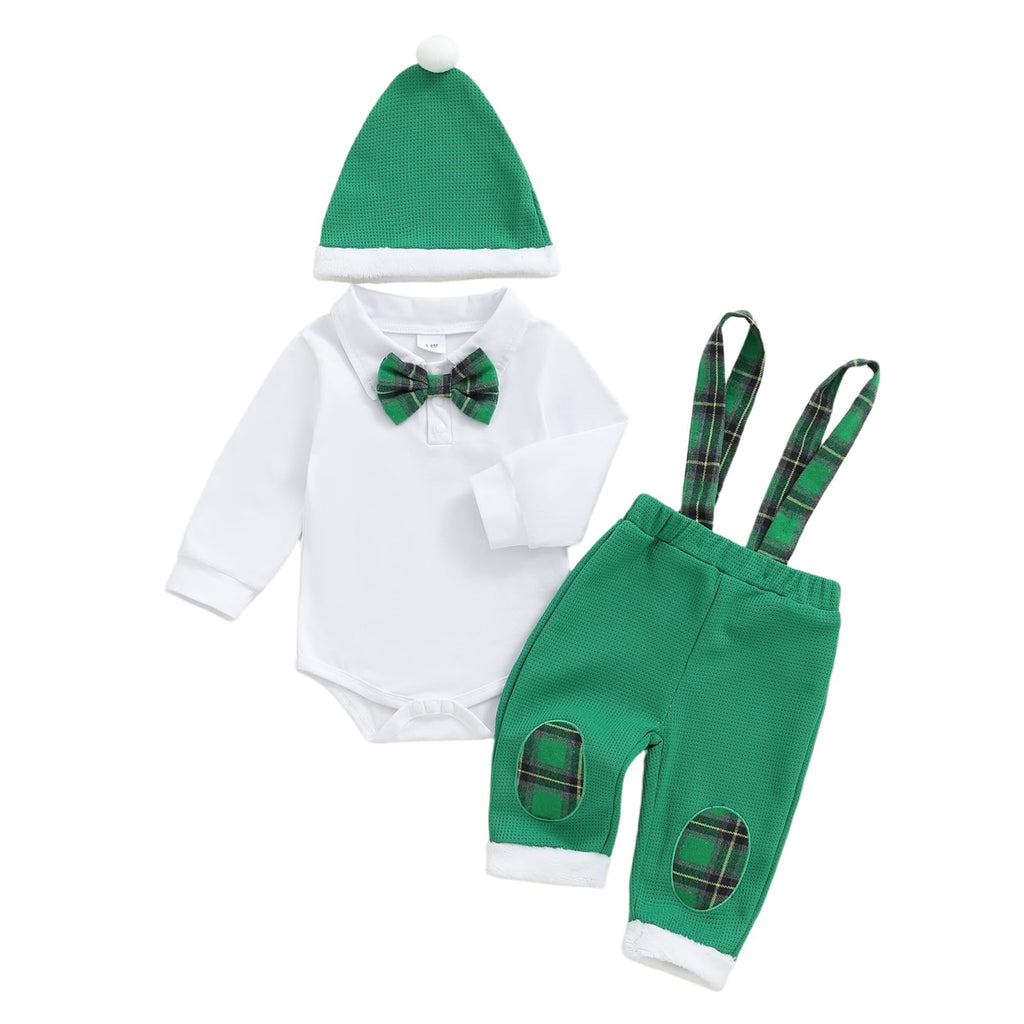Little Gentleman Verde | Conjunto Navideño Bebé Niño Mameluco Blanco + Pantalon Tirantes Cuadros + Gorro