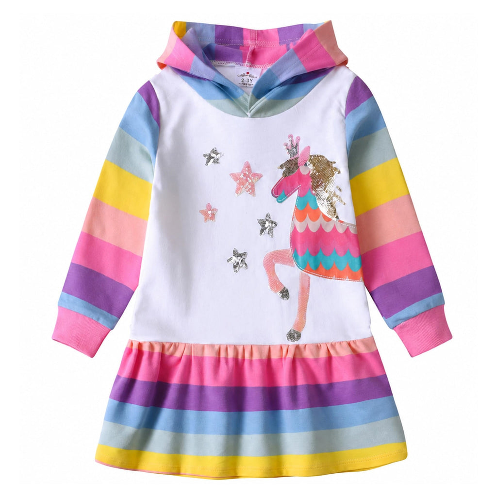 Vestido hoodie blanco con mangas de rayas arcoíris y gráfico de unicornio con lentejuelas para niñas