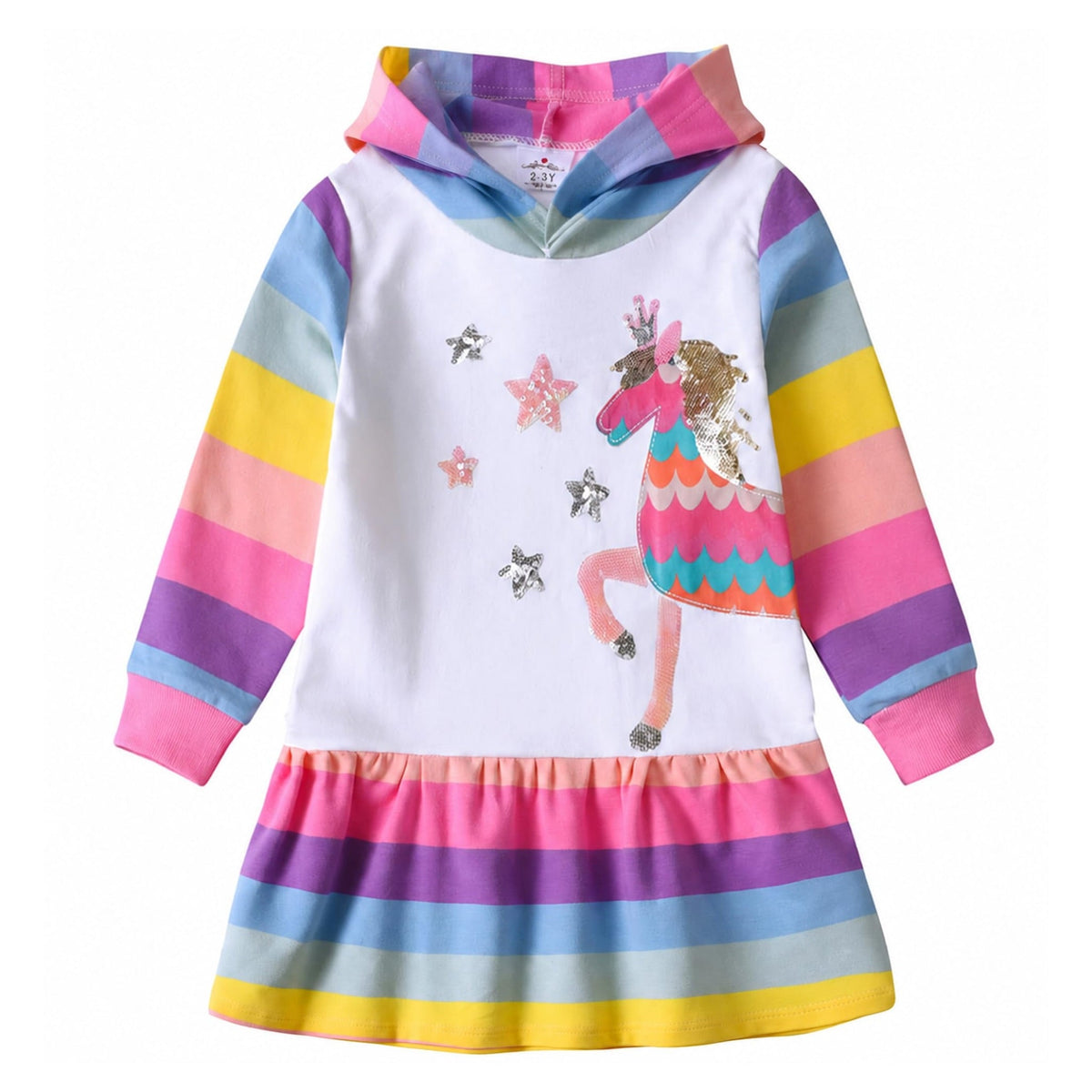 Vestido hoodie blanco con mangas de rayas arcoíris y gráfico de unicornio con lentejuelas para niñas