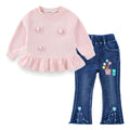 Conjunto 2 Piezas para Niña: Sudadera Rosa con Lazos 3D y Tul Peplum y Jeans Campana con Maceta Bordada