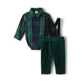 Conjunto Formal 4 Piezas Navideño | Bodysuit Cuadros Verde Navy + Pana Verde + Tirantes + Pajarita | Bebé Niño (6M - 12M)