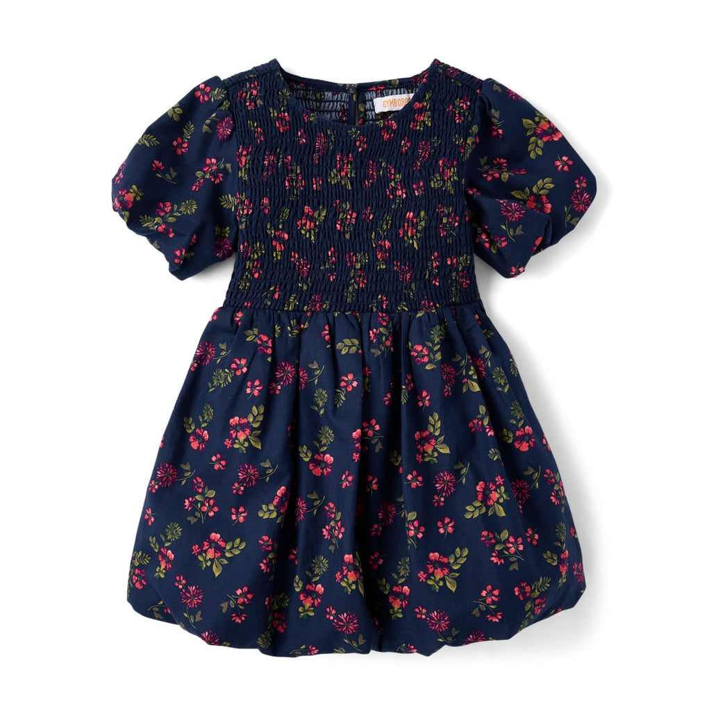 Vestido Burbuja Niña Gymboree | Franela 100% Algodón + Floral Ditsy Navy + Corpiño Fruncido Smocked + Manga Farol (2T - 12T)