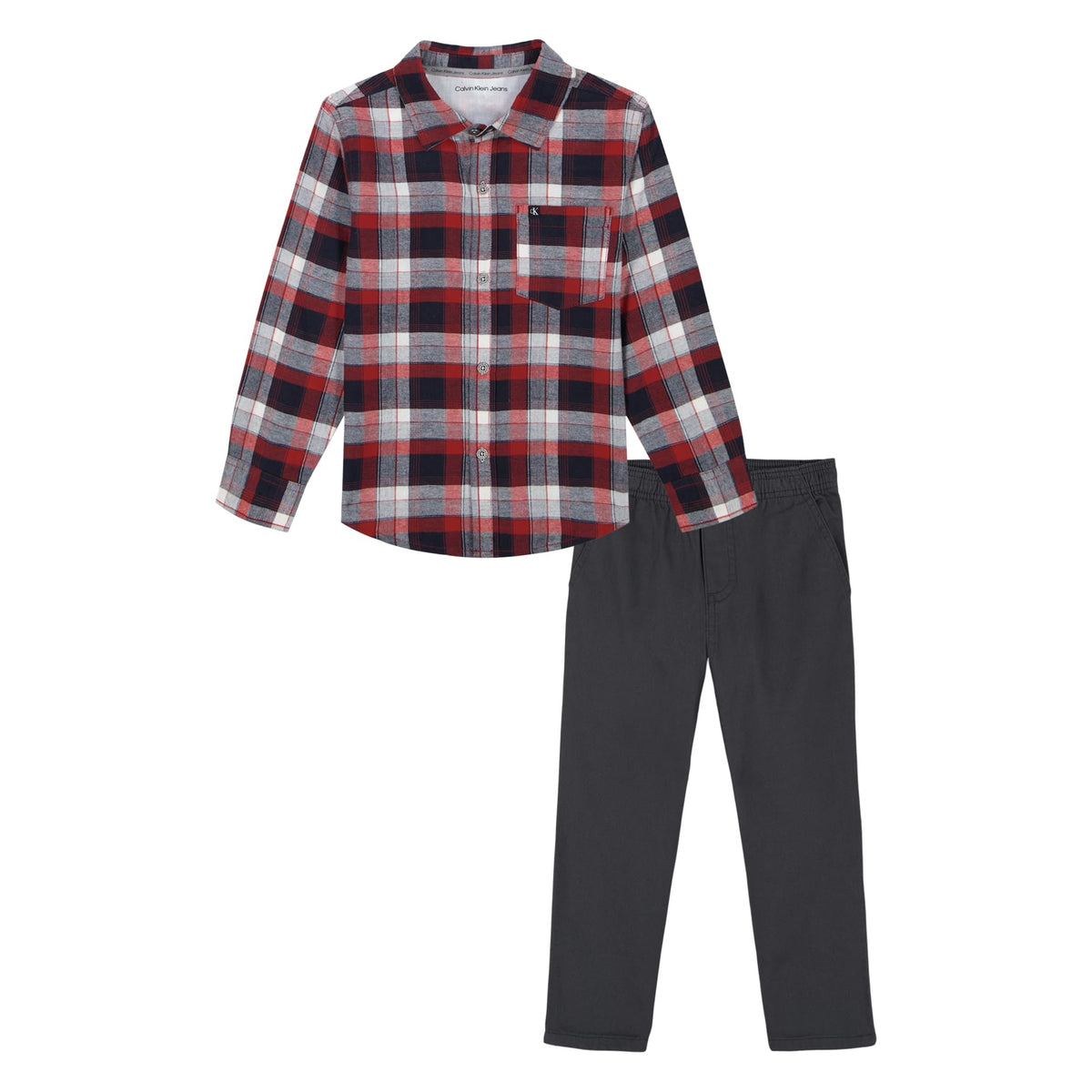 Calvin Klein Conjunto 2 Piezas Niño | Camisa Cuadros Tartan Rojo/Navy/Gris + Pantalón Gris Carbón — 100% Algodón Premium • CK Jeans