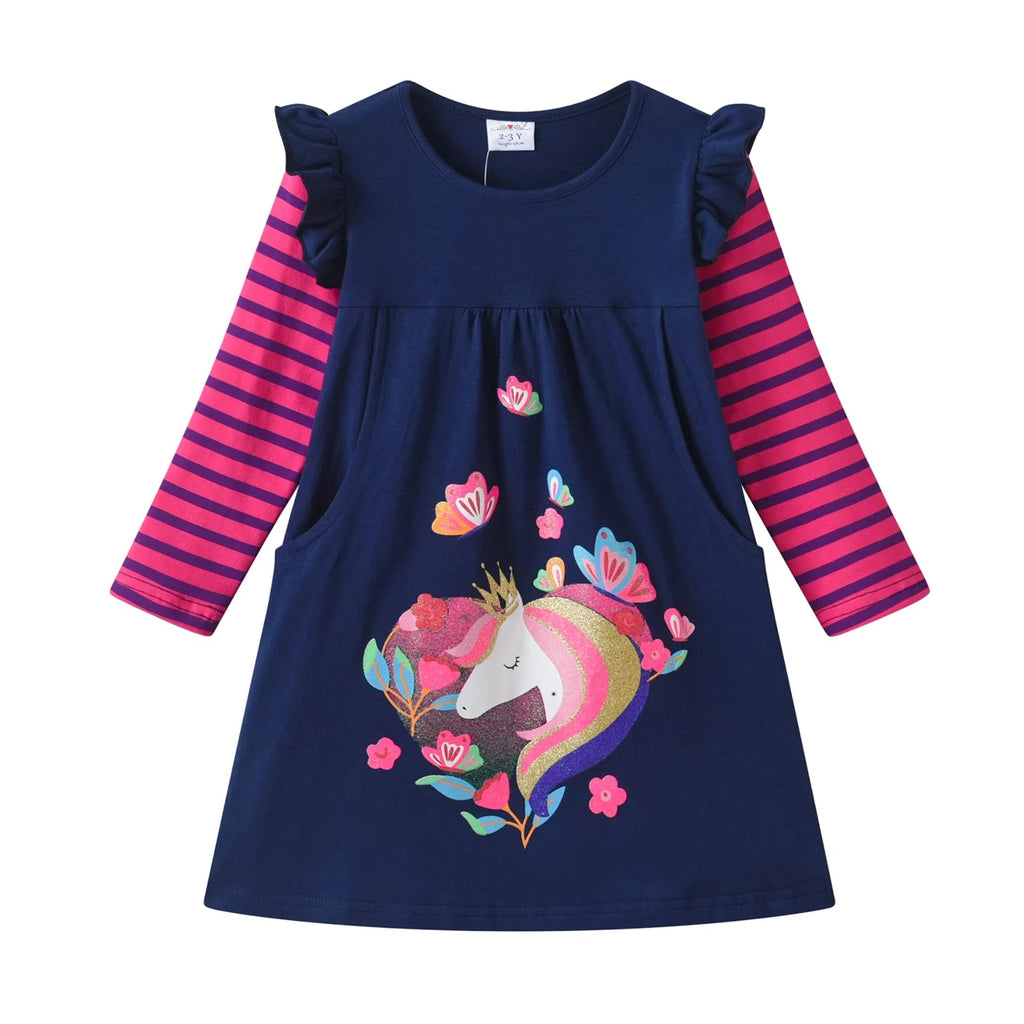 Vestido Niña | Algodón + Unicornio Floral Corona Dorada + Flores Rosas + Mariposas + Bolsillos | Navy/Fucsia Flutter (3T - 8T)