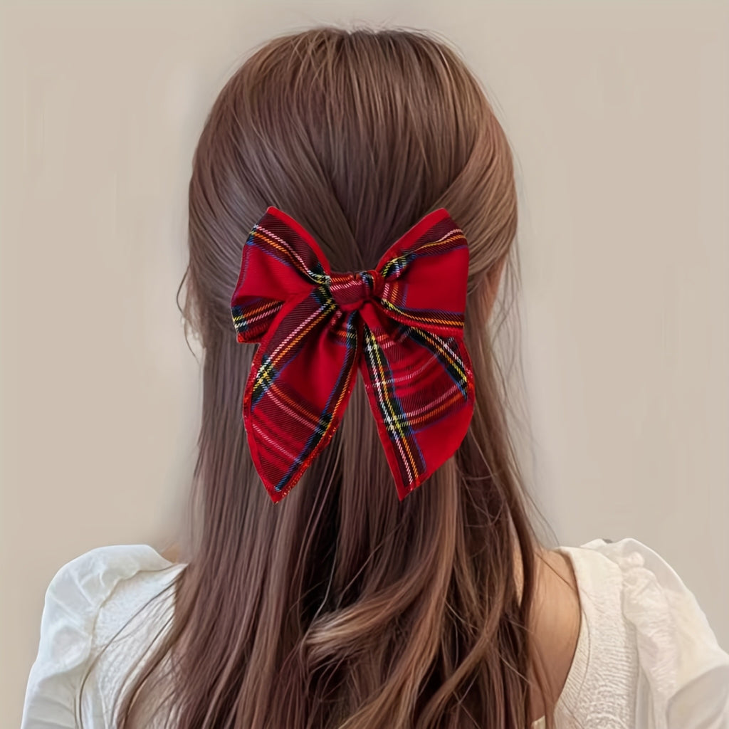 Pinza para el Cabello con Lazo Estilo Navideño y Estampado a Cuadros (Horquilla Decorativa Festiva)
