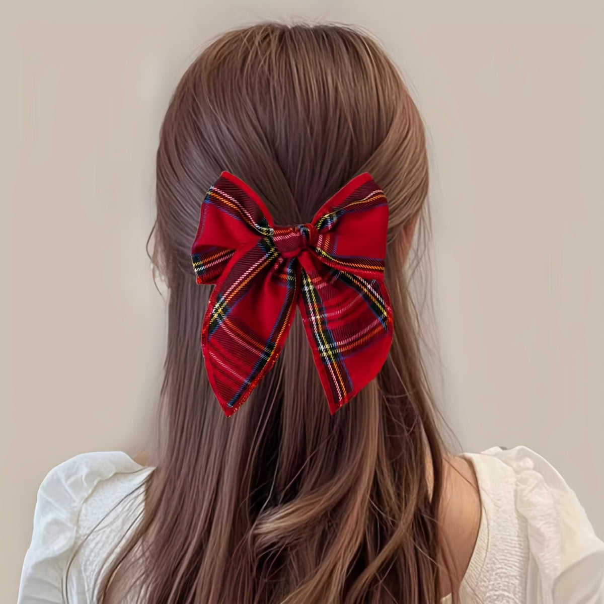 Pinza para el Cabello con Lazo Estilo Navideño y Estampado a Cuadros (Horquilla Decorativa Festiva)