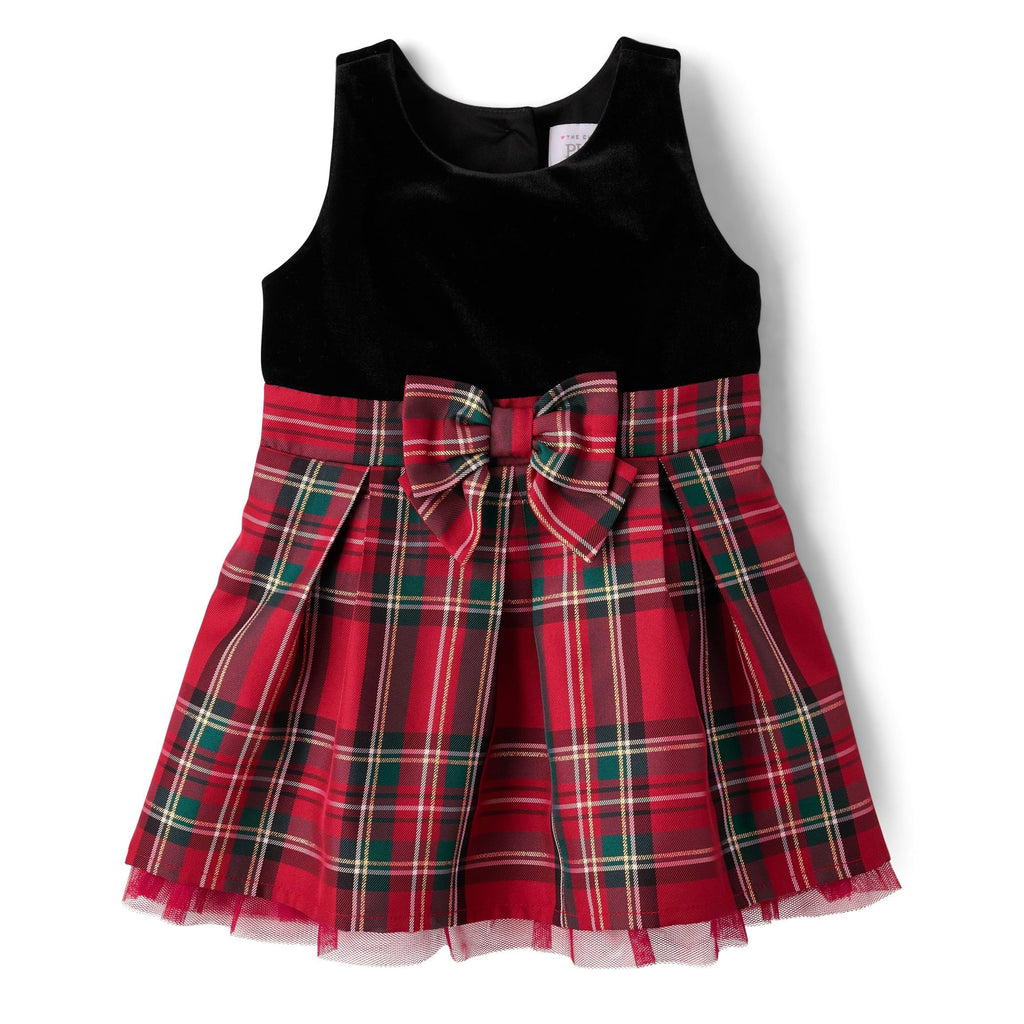 The Children's Place | Vestido Elegante Terciopelo Negro y Cuadros Escoceses Rojo Niña