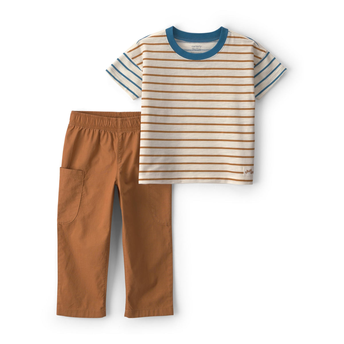 Conjunto 2 Piezas Carter's | Camiseta Rayas Ringer Azul "Chill" + Pantalón Cargo Marrón | Bebé Niño (3M - 5T)