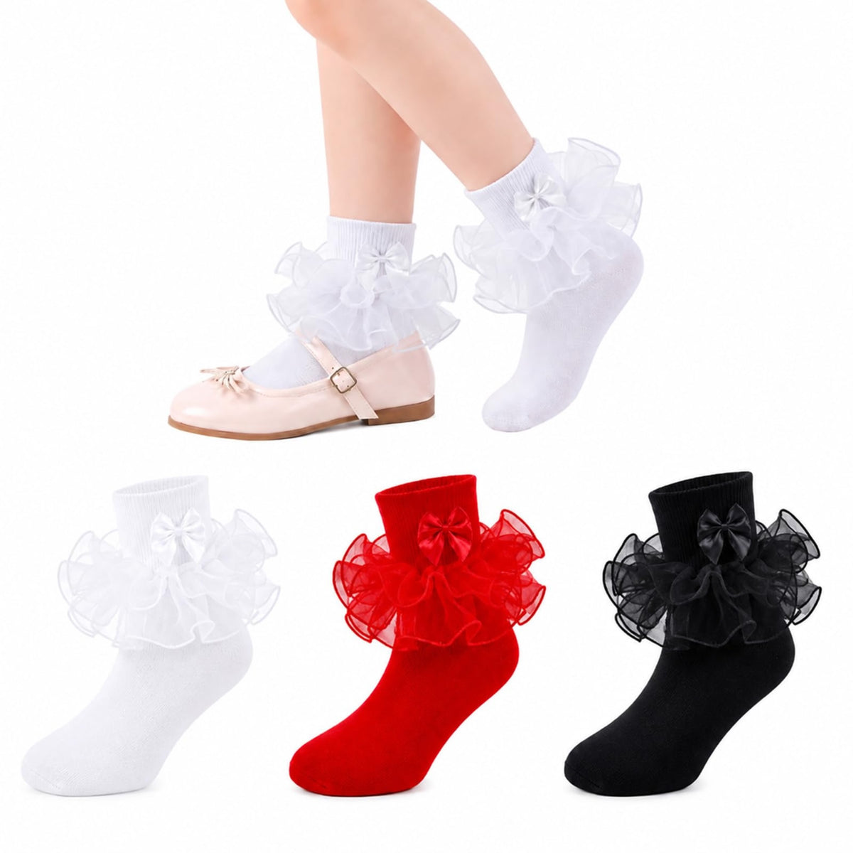 Calcetines Nina Pack 3 Pares Volantes Encaje Tutu Doble Capa Lazo Cinta 3D Blanco Rojo Negro Algodon Organza Princesa Navidad Boda (1 - 10T)