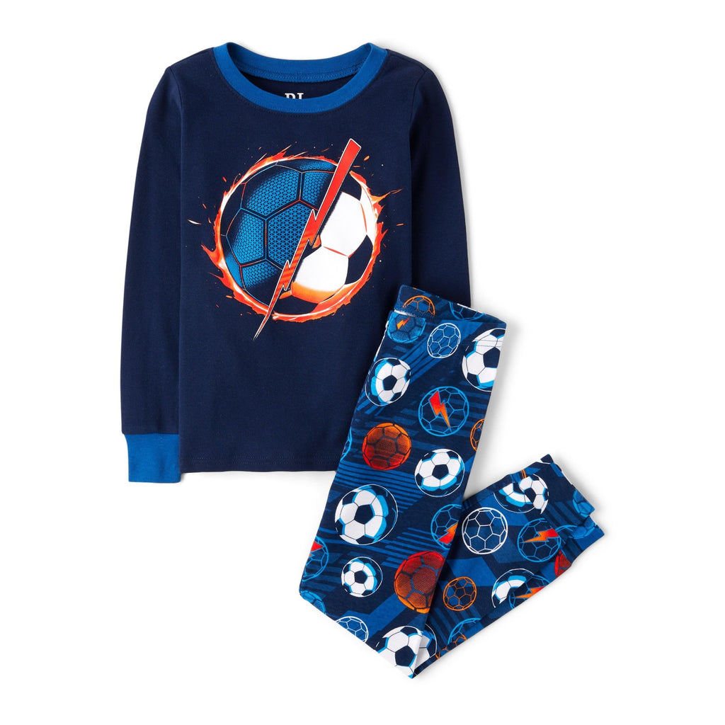 Pijama 2 Piezas The Children's Place | 100% Algodón + Fútbol Fuego + Rayo Eléctrico + Balones All-Over | Niño Navy/Azul (4T -16T)