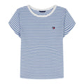 Tommy Hilfiger | Camiseta Nina Manga Corta | Rayas Azul Cielo + Blanco con Lurex | Cuello Contrastante Blanco | Logo Bandera TH Corazon Bordado | Corte Relaxed  (7 - 10T)