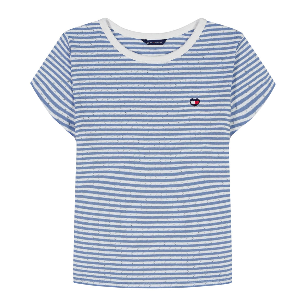 Tommy Hilfiger | Camiseta Nina Manga Corta | Rayas Azul Cielo + Blanco con Lurex | Cuello Contrastante Blanco | Logo Bandera TH Corazon Bordado | Corte Relaxed  (7 - 10T)